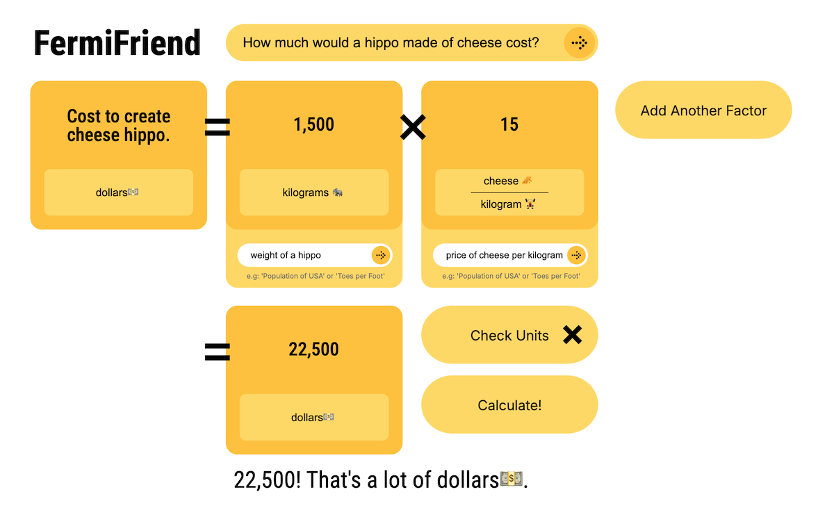 The FermiFriend website, showing estimation questions ready to explore